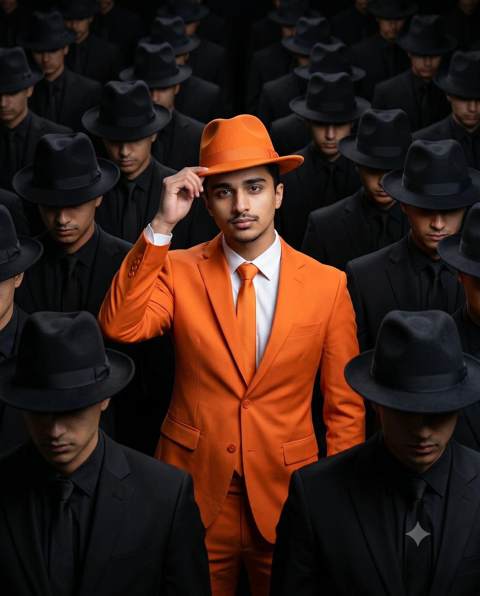 Bold Orange Contrast Portrait Gemini AI Prompt | AIBananaPrompts